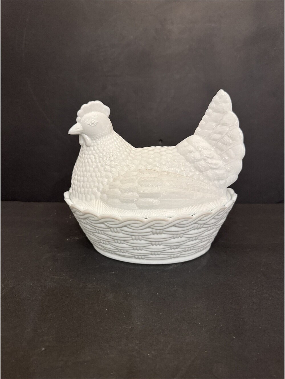 Vtg Indiana Glass White Milk Glass Hen on Nest Candy Dish 8.25” L By 6.75” W
